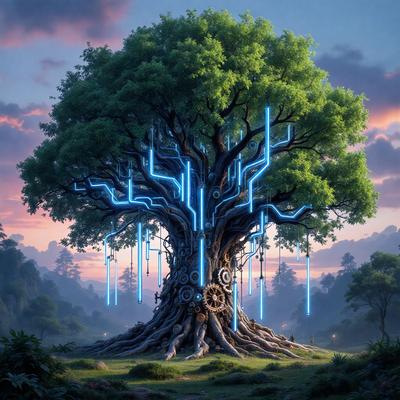 The primary subject of the image is a large, glowing tree with a massive trunk. The tree is surrounded by a lush green forest, creating a serene and natural setting. The visual style of the image is a combination of photo and digital art, giving it a unique and artistic appearance. The dominant colors in the image are green and blue, which contribute to the overall mood of the scene.